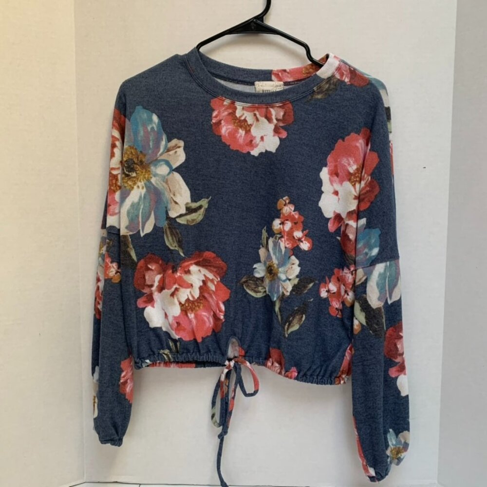 Ritual Womens Size Small Blue/Gray Floral Crop Top Shirt Blouse